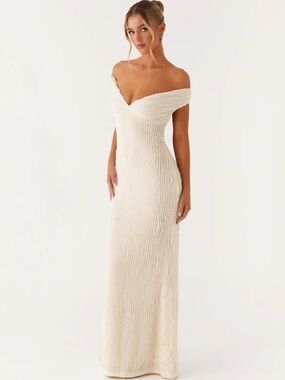 Peppermayo Chantel Cream Off-Shoulder Ribbed Maxi Dress